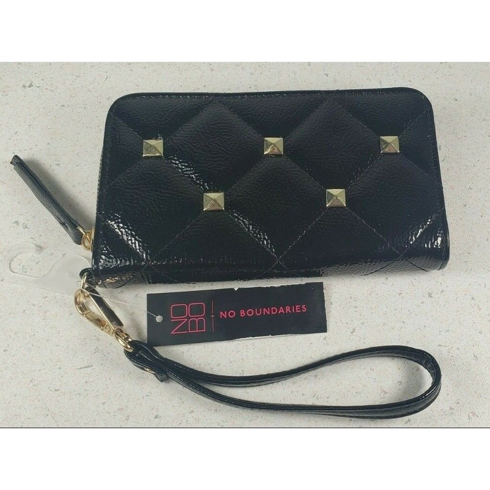 No Boundaries Kendra Black Studded Wallet Wristlet Clutch Purse Patent Leather